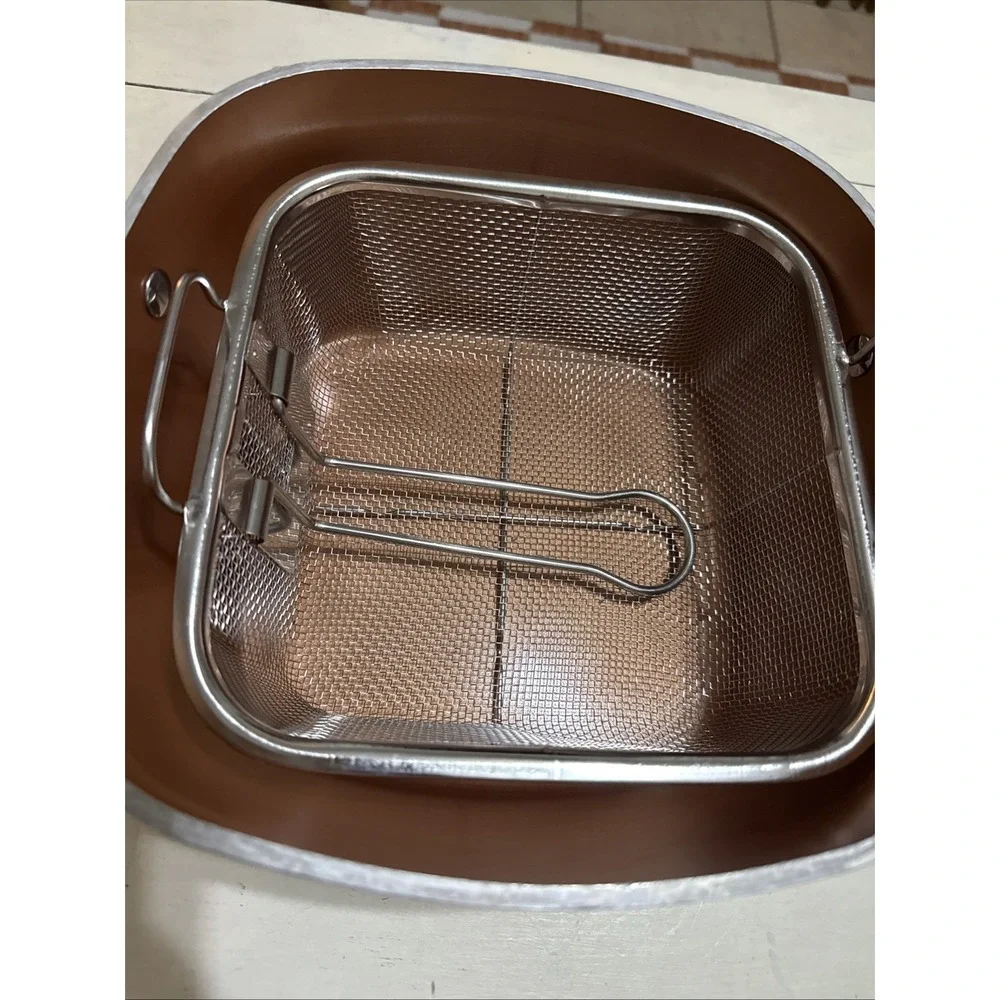Square Non-Stick Frying Handled Deep Pan Lid Basket -Gotham Steel Copper EUC
